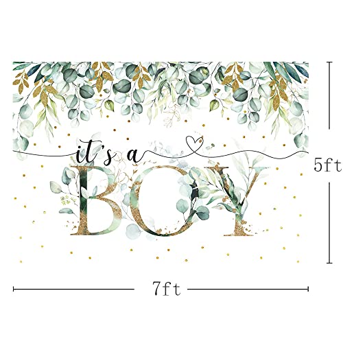 MEHOFOND 7x5ft It's a Boy Baby Shower Backdrop Spring Greenery Eucalyptus Leaves Green and Gold Background Party Decor Banner Cake Table Supplies Photo Booth Studio Props