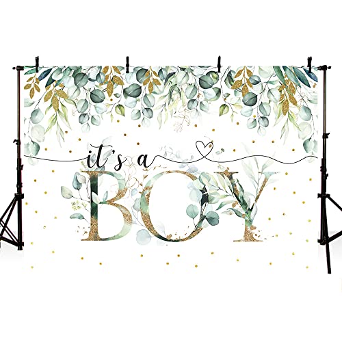 MEHOFOND 7x5ft It's a Boy Baby Shower Backdrop Spring Greenery Eucalyptus Leaves Green and Gold Background Party Decor Banner Cake Table Supplies Photo Booth Studio Props