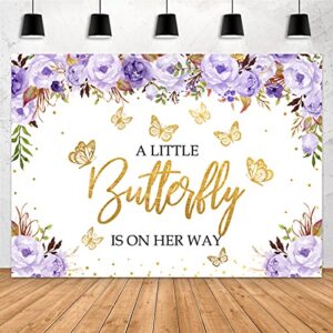 Aperturee A Little Butterfly is On The Way Baby Shower Backdrop 7x5ft Purple Floral Gold Dots Girls Princess Photography Background Party Decoration Supplies Cake Table Banner Photo Booth Props