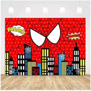 vinyl 7x5ft red spider web photography backdrop for children boys 1st birthday party banner decorations superhero theme cityscape photo background baby shower photo booth supplies
