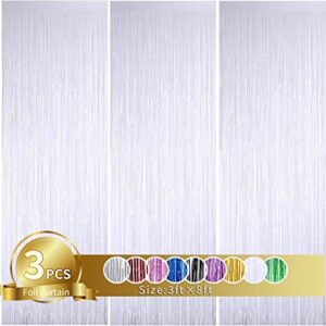 3Pcs White Metallic Tinsel Foil Fringe Curtains,3.2ft*8ft Gold Photo Booth Backdrop Streamer,Photo Booth Props,for Party Door Wall Curtains Bachelorette Birthday, Christmas,New Year Decorations