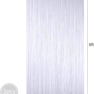 3Pcs White Metallic Tinsel Foil Fringe Curtains,3.2ft*8ft Gold Photo Booth Backdrop Streamer,Photo Booth Props,for Party Door Wall Curtains Bachelorette Birthday, Christmas,New Year Decorations