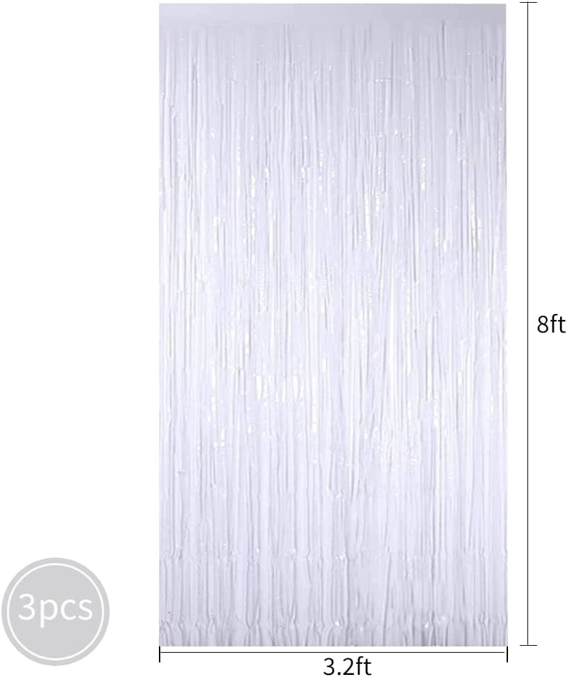 3Pcs White Metallic Tinsel Foil Fringe Curtains,3.2ft*8ft Gold Photo Booth Backdrop Streamer,Photo Booth Props,for Party Door Wall Curtains Bachelorette Birthday, Christmas,New Year Decorations