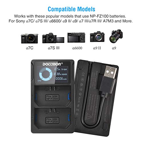 DOTTMON Dual USB Charger for Sony NP-FZ100 Battery, Compatible with Sony Alpha A7III, A7RIII, A9, A7R3, A6600, A7RIV, A7C, A9II, A1, ILME-FX3 Camera with LCD Display