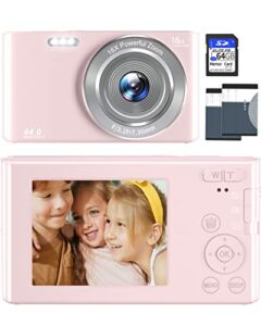 digital camera 4k 44mp compact point and shoot camera with 16x digital zoom 32gb sd card,kids camera 2.4 inch, vlogging camera for teens students boys girls seniors(pink2)