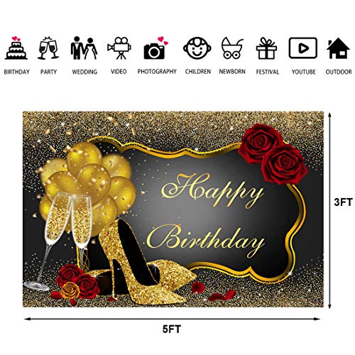 Happy Birthday Backdrop Glitter Gold Red Rose Floral Golden Balloons Heels Champagne Glass Background for Adults Women Birthday Party Decorations Birthday Party Decorations 5x3ft Vinyl