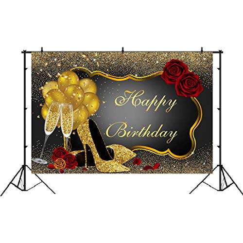 Happy Birthday Backdrop Glitter Gold Red Rose Floral Golden Balloons Heels Champagne Glass Background for Adults Women Birthday Party Decorations Birthday Party Decorations 5x3ft Vinyl