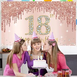 Happy 18th Birthday Banner Backdrop Decorations for Girls, Rose Gold 18 Birthday Party Sign Supplies, Pink 18 Year Old Birthday Poster Background Photo Booth Props Decor