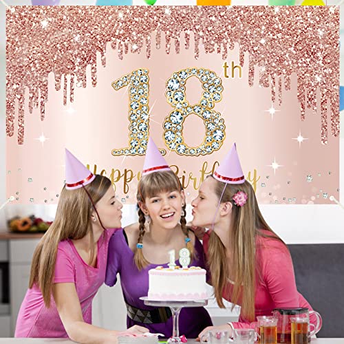 Happy 18th Birthday Banner Backdrop Decorations for Girls, Rose Gold 18 Birthday Party Sign Supplies, Pink 18 Year Old Birthday Poster Background Photo Booth Props Decor