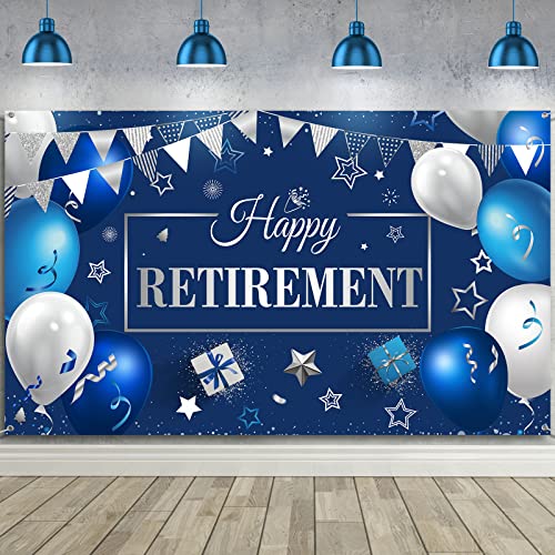 Happy Retirement Party Decorations, Extra Large Fabric Happy Retirement Sign Banner Photo Booth Backdrop Background with Rope for Retirement Party Favor (Blue and Silver,72.8 x 43.3 inches)