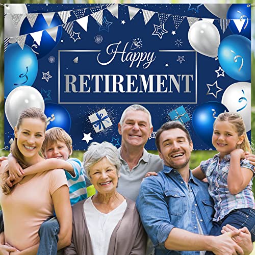 Happy Retirement Party Decorations, Extra Large Fabric Happy Retirement Sign Banner Photo Booth Backdrop Background with Rope for Retirement Party Favor (Blue and Silver,72.8 x 43.3 inches)