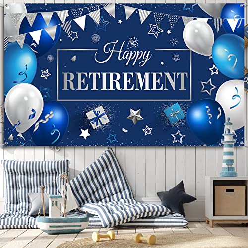 Happy Retirement Party Decorations, Extra Large Fabric Happy Retirement Sign Banner Photo Booth Backdrop Background with Rope for Retirement Party Favor (Blue and Silver,72.8 x 43.3 inches)