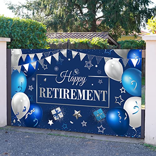 Happy Retirement Party Decorations, Extra Large Fabric Happy Retirement Sign Banner Photo Booth Backdrop Background with Rope for Retirement Party Favor (Blue and Silver,72.8 x 43.3 inches)