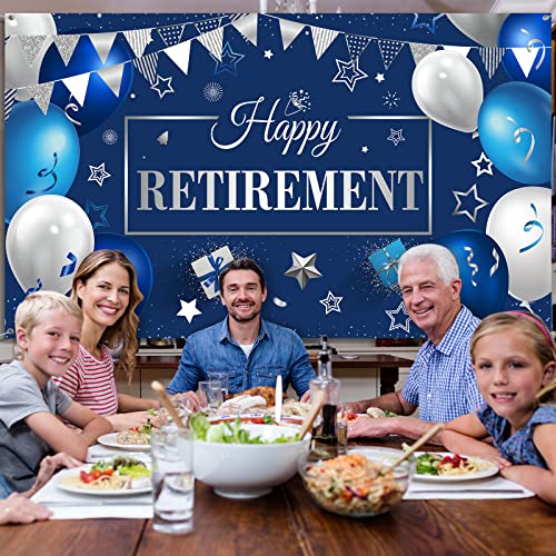 Happy Retirement Party Decorations, Extra Large Fabric Happy Retirement Sign Banner Photo Booth Backdrop Background with Rope for Retirement Party Favor (Blue and Silver,72.8 x 43.3 inches)