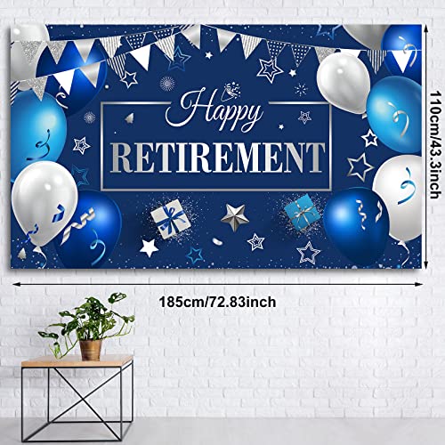 Happy Retirement Party Decorations, Extra Large Fabric Happy Retirement Sign Banner Photo Booth Backdrop Background with Rope for Retirement Party Favor (Blue and Silver,72.8 x 43.3 inches)