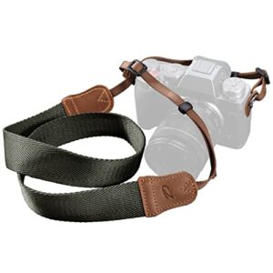 army green camera strap – double layer top-grain cowhide ends,1.5″wide pure cotton woven camera strap,adjustable universal neck & shoulder strap for all dslr cameras,great gift for photographers