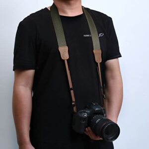 Army Green Camera Strap - Double Layer top-grain Cowhide Ends,1.5"Wide Pure Cotton Woven Camera Strap,Adjustable Universal Neck & Shoulder Strap for All DSLR Cameras,Great Gift for Photographers