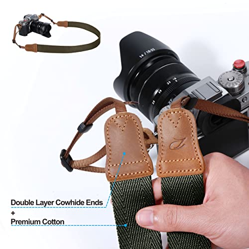 Army Green Camera Strap - Double Layer top-grain Cowhide Ends,1.5"Wide Pure Cotton Woven Camera Strap,Adjustable Universal Neck & Shoulder Strap for All DSLR Cameras,Great Gift for Photographers