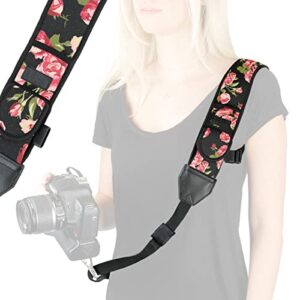usa gear camera sling shoulder strap with adjustable neoprene, safety tether, accessory pocket, quick release buckle – compatible with canon, nikon, sony and more dslr and mirrorless cameras (floral)