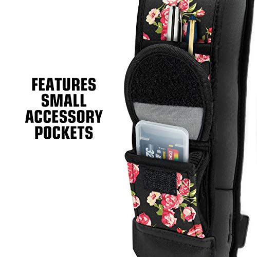 USA GEAR Camera Sling Shoulder Strap with Adjustable Neoprene, Safety Tether, Accessory Pocket, Quick Release Buckle - Compatible with Canon, Nikon, Sony and More DSLR and Mirrorless Cameras (Floral)