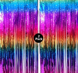 2 pack backdrop curtain 3.3ft x 8.1ft metallic tinsel foil fringe curtains photo booth background for birthday party baby shower wedding engagement bridal decorations sparkly rainbow