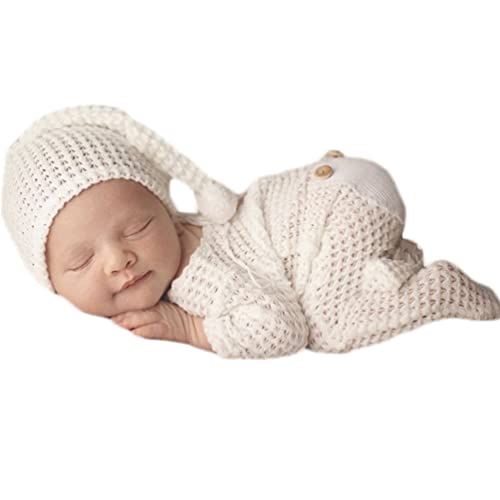 Fashion Luxury Newborn Boy Girl Baby Photo Shoot Props Outfits Crochet Clothes Long Tail Hat Pants Photography Shoot Props (White)