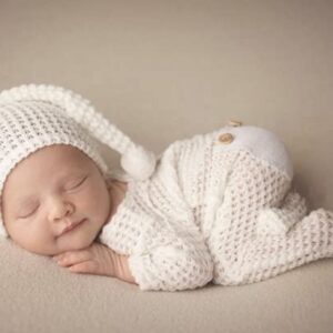 Fashion Luxury Newborn Boy Girl Baby Photo Shoot Props Outfits Crochet Clothes Long Tail Hat Pants Photography Shoot Props (White)