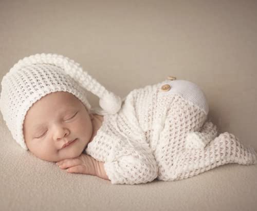 Fashion Luxury Newborn Boy Girl Baby Photo Shoot Props Outfits Crochet Clothes Long Tail Hat Pants Photography Shoot Props (White)