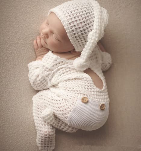 Fashion Luxury Newborn Boy Girl Baby Photo Shoot Props Outfits Crochet Clothes Long Tail Hat Pants Photography Shoot Props (White)