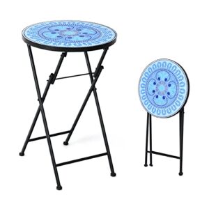 giantex outdoor side table, folding mosaic patio table, 14” round metal end table w/ceramic tile top, small patio table accent coffee table for porch garden balcony plant stand indoor outdoor (blue)