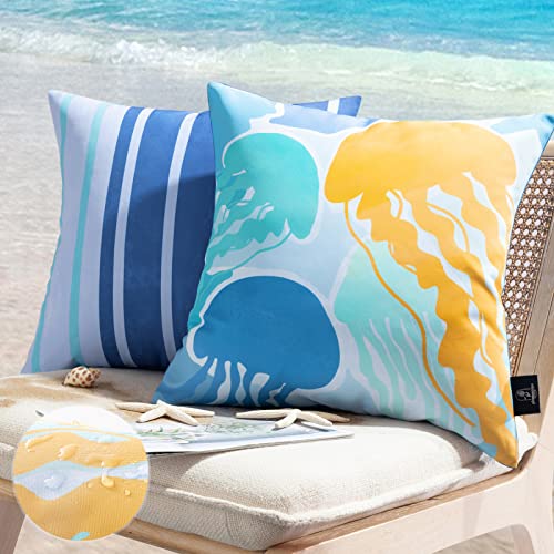 Phantoscope Pack of 2 Outdoor Waterproof Pillow Covers Decorative Jellyfish Design Outdoor Pillows for Patio Furniture Cushion Cases for Couch Tent Sunbrella, Blue 18x18 Inches