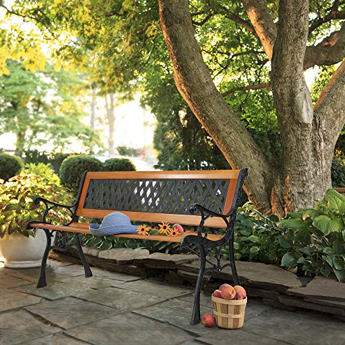 YYAO Garden Bench Outdoor Patio Bench 50" Metal Bench Park Bench with Armrests Backrest,Hardwood Patio Furniture Bench for Porch Work Entryway Yard Lawn,Bronze & Natural