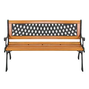 YYAO Garden Bench Outdoor Patio Bench 50" Metal Bench Park Bench with Armrests Backrest,Hardwood Patio Furniture Bench for Porch Work Entryway Yard Lawn,Bronze & Natural