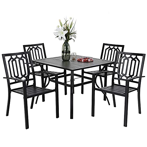 PHI VILLA 5-Piece Metal Patio Outdoor Table and Chairs Dining Set- 37" Square Bistro Table and 4 Backyard Garden Chairs, Table with 1.57" Umbrella Hole