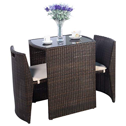 Giantex 3 PCS Cushioned Outdoor Wicker Patio Set Convention Bistro Set Garden Lawn Space Saving Conversation Set Sofa Furniture No Assembly (Brown)