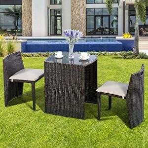 Giantex 3 PCS Cushioned Outdoor Wicker Patio Set Convention Bistro Set Garden Lawn Space Saving Conversation Set Sofa Furniture No Assembly (Brown)