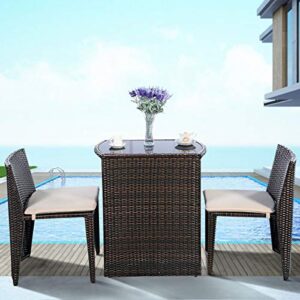 Giantex 3 PCS Cushioned Outdoor Wicker Patio Set Convention Bistro Set Garden Lawn Space Saving Conversation Set Sofa Furniture No Assembly (Brown)