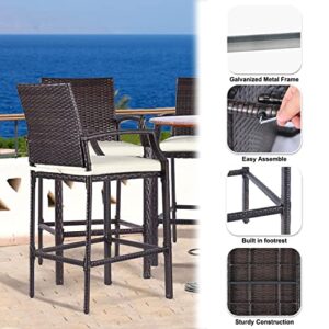 Outdoor Bar Stools Set of 2 Wicker Counter Height Bar Stools Patio Chairs Bar Height Patio Stools & Bar Chairs with Footrest Armrest Cushion Cream All Weather Rattan for Garden Pool Lawn Backyard