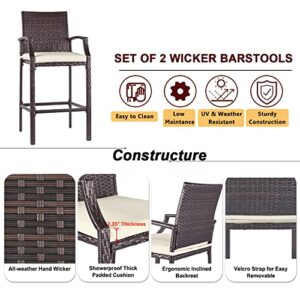 Outdoor Bar Stools Set of 2 Wicker Counter Height Bar Stools Patio Chairs Bar Height Patio Stools & Bar Chairs with Footrest Armrest Cushion Cream All Weather Rattan for Garden Pool Lawn Backyard