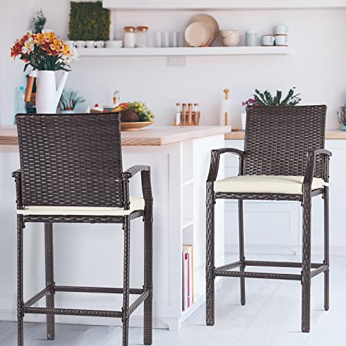 Outdoor Bar Stools Set of 2 Wicker Counter Height Bar Stools Patio Chairs Bar Height Patio Stools & Bar Chairs with Footrest Armrest Cushion Cream All Weather Rattan for Garden Pool Lawn Backyard