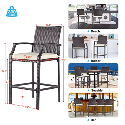 Outdoor Bar Stools Set of 2 Wicker Counter Height Bar Stools Patio Chairs Bar Height Patio Stools & Bar Chairs with Footrest Armrest Cushion Cream All Weather Rattan for Garden Pool Lawn Backyard