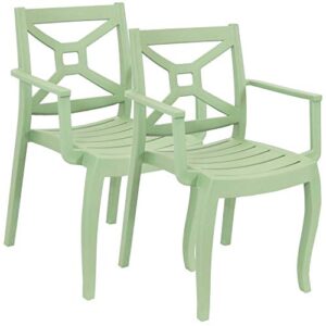 sunnydaze tristana plastic outdoor patio arm chair – set of 2 – outdoor furniture for porch, deck, balcony, lawn, backyard, garden and sunroom – stackable seating – green