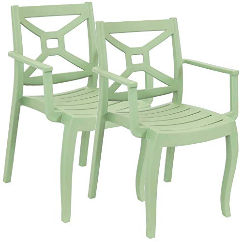 Sunnydaze Tristana Plastic Outdoor Patio Arm Chair - Set of 2 - Outdoor Furniture for Porch, Deck, Balcony, Lawn, Backyard, Garden and Sunroom - Stackable Seating - Green