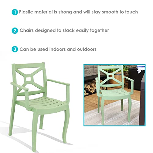 Sunnydaze Tristana Plastic Outdoor Patio Arm Chair - Set of 2 - Outdoor Furniture for Porch, Deck, Balcony, Lawn, Backyard, Garden and Sunroom - Stackable Seating - Green