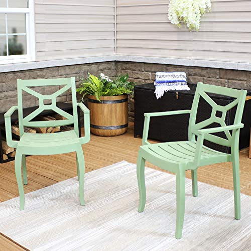 Sunnydaze Tristana Plastic Outdoor Patio Arm Chair - Set of 2 - Outdoor Furniture for Porch, Deck, Balcony, Lawn, Backyard, Garden and Sunroom - Stackable Seating - Green