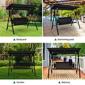 YITAHOME Outdoor Patio Swing Chair, 3 Person Porch Swing with Adjustable Canopy, Weather Resistant Steel Frame, Suitable for Garden, Poolside, Balcony,(Black)