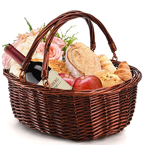 Dicunoy Wicker Picnic Basket with Handle, Large Empty Gift Basket to Fill, Open Top Market Harvest Baskets for Garden, Fruit, Candy, Wine, Egg Gathering, Wedding, Vegetables