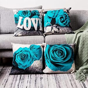 teal green throw pillow covers 18×18 set of 4, turquoise rose flower couch pillow cover outdoor patio furniture home decor， linen cotton square grey dark blue pillowcases living room sofa decorative