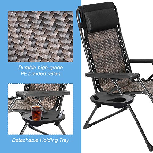 SOLAURA Patio Chairs Set of 2 Adjustable Rattan Lounge Chair Outdoor Zero Gravity Folding Recliner for Garden, Lawn, Porch, Swimming Pool, Outdoor and Indoor Use, 2 Pack