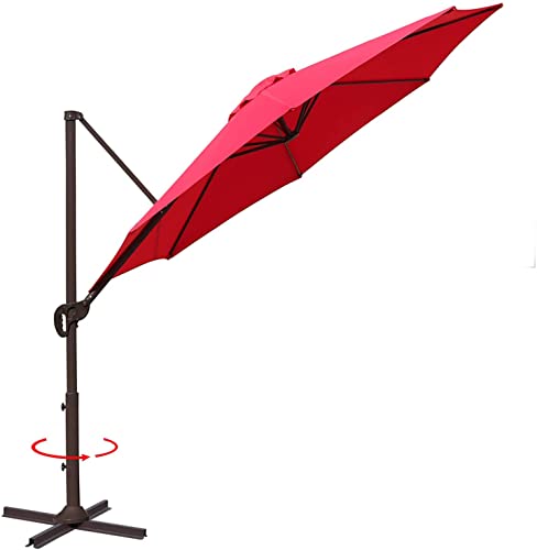 PRASLINA 10 FT Outdoor Patio Umbrella, Cantilever Outdoor Hanging Umbrellas with 360 Degree Rotation, Backyard, Garden Umbrellas with Crank & Cross Base, 8 Ribs(Red)